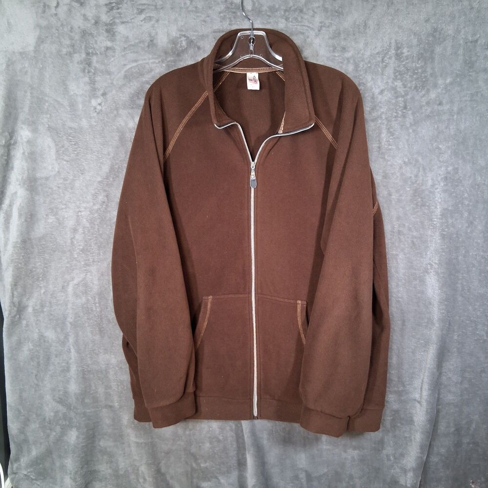 Vtg Made In USA Akwa Full Zip Fleece Knit Jacket sweater Mens Xl Brown